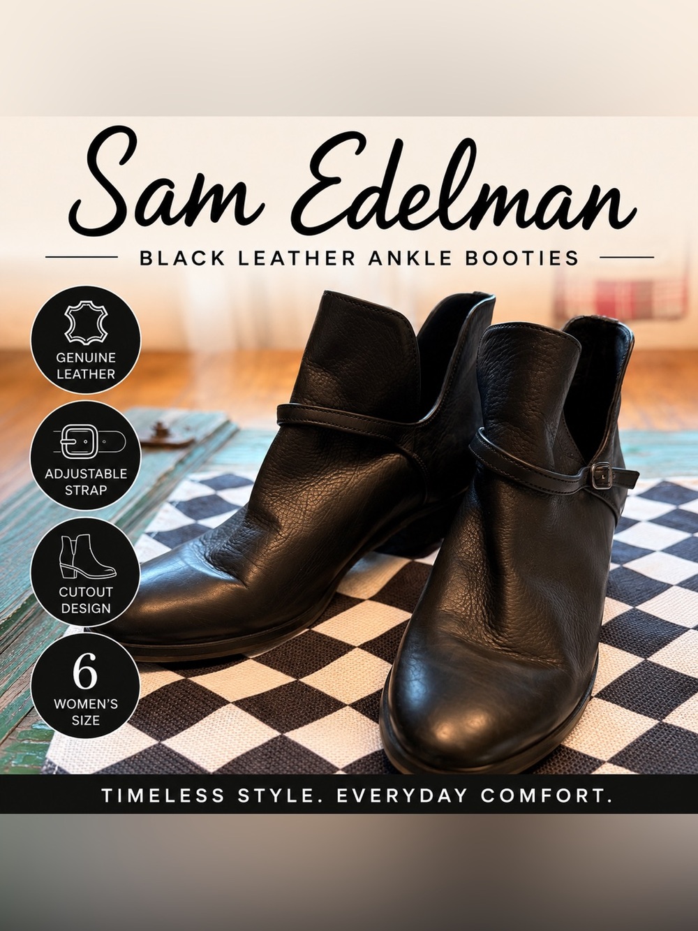 Sam Edelman "Palmer" Black Leather Cut Out Ankle Booties with Strap Detail